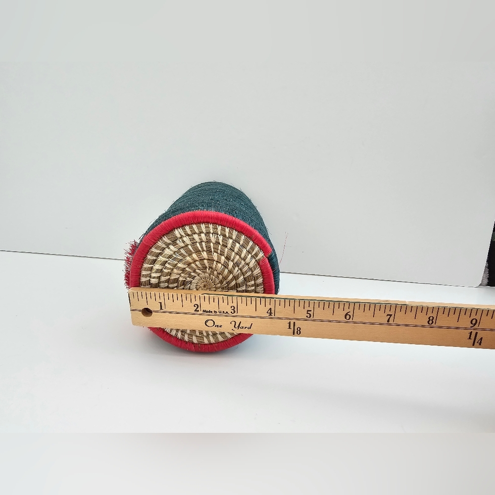 Handmade Rwandan Coiled Sisal Basket Vase Teal with Layered Tassels Boho Art - Picture 4 of 6